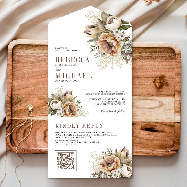 Invitación Todo En Uno Boho Neutral Earthy Floral Taupe QR Boda de código (Subido por el creador)