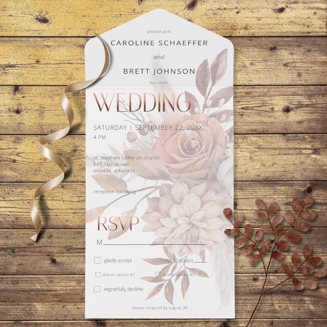 Invitación Todo En Uno Boho Neutral Soft Focus Otoño Bouquet Cena (Also available with a QR code or without dinner selection options.)