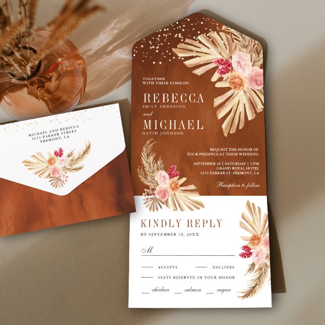 Invitación Todo En Uno Boho Palm Earthy Floral Pampas Terracotta Boda (Subido por el creador)