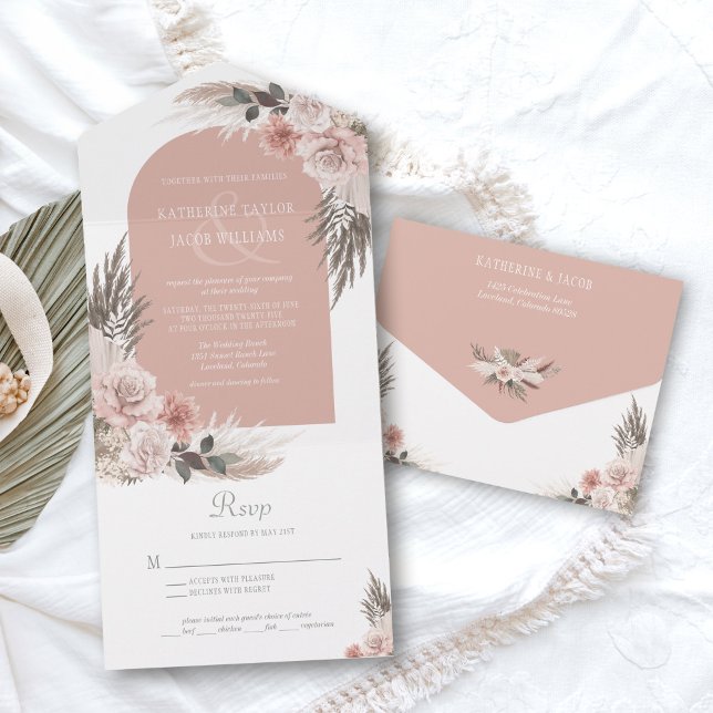 Invitación Todo En Uno Boho Pampas Dusty Boda Floral Rosa (blush pink boho pampas grass wedding invitations)