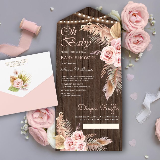 Invitación Todo En Uno Boho Pampas Grass Dusty Pink Rose Wood Baby Shower (Subido por el creador)
