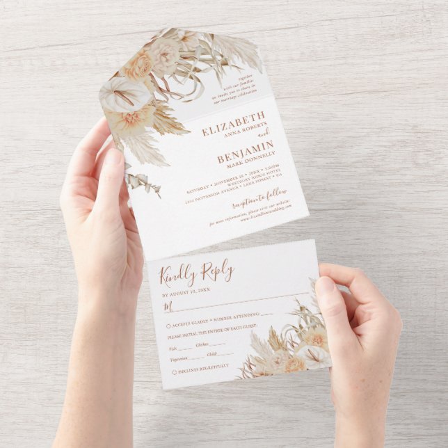 Invitación Todo En Uno Boho Pampas Grass Floral Boda (desgarro)