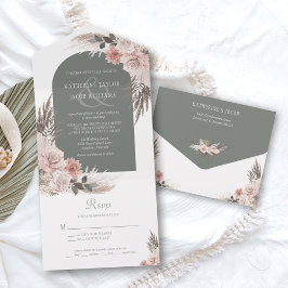 Invitación Todo En Uno Boho Pampas Grass Sage Green Floral Boda