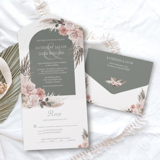Invitación Todo En Uno Boho Pampas Grass Sage Green Floral Boda (boho pampas grass wedding invitation)
