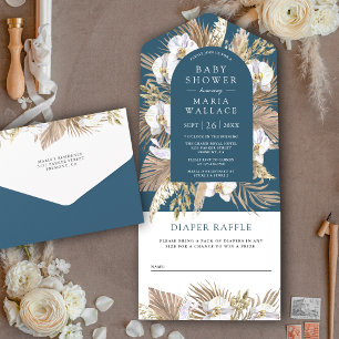Invitación Todo En Uno Boho Pampas Orquídea Blanca Dusty Azul Baby Shower