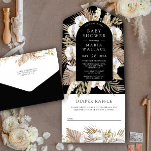 Invitación Todo En Uno Boho Pampas Orquídea Blanca Fiesta de Bebé Negra