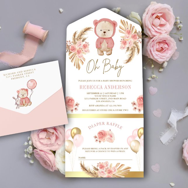 Invitación Todo En Uno Boho Pampas Pink Floral Teddy Bear Baby Shower (Subido por el creador)