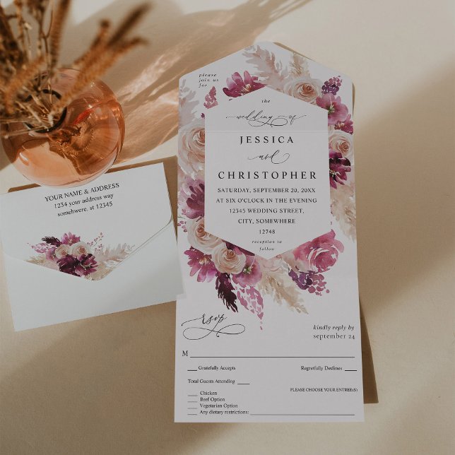 Invitación Todo En Uno Boho Pampas Pink Grass Floral Boda (Subido por el creador)