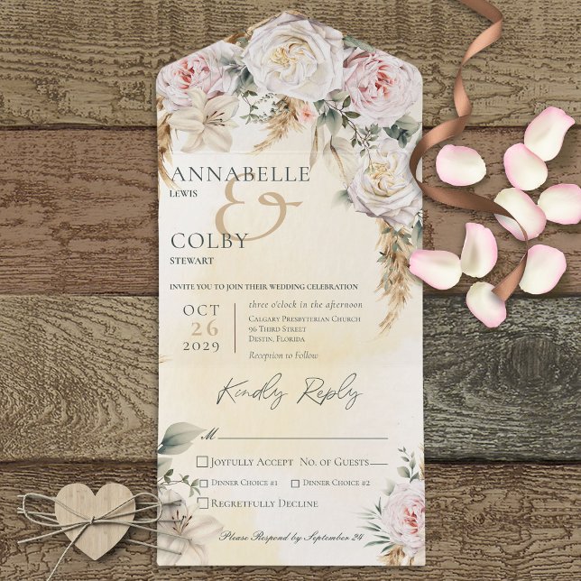 Invitación Todo En Uno Boho Pampas y rosas rosadas Cena amarilla (Subido por el creador)