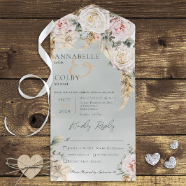 Invitación Todo En Uno Boho Pampas y rosas rosadas Cena verde