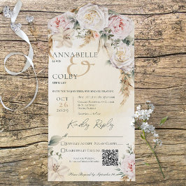 Invitación Todo En Uno Boho Pampas y rosas rosadas Código QR amarillo