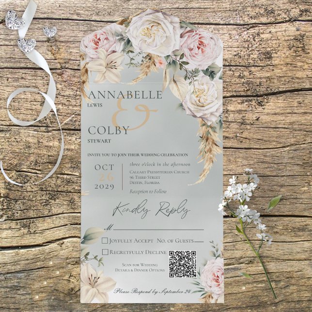 Invitación Todo En Uno Boho Pampas y rosas rosadas Código QR verde (Subido por el creador)