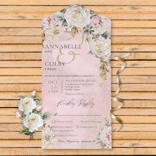 Invitación Todo En Uno Boho Pampas y rosas rosas rosadas 3 Cena