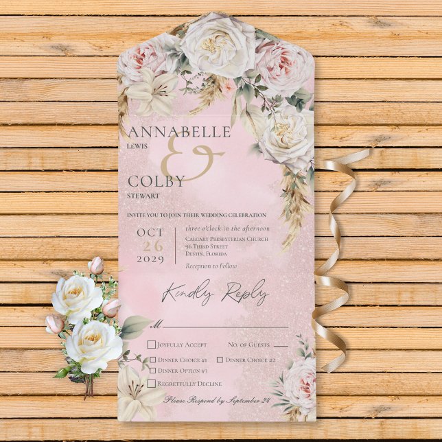 Invitación Todo En Uno Boho Pampas y rosas rosas rosadas 3 Cena (Boho Pampas & Pink Roses Pink 3 Dinner All In One Invitation)
