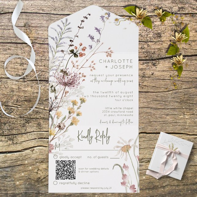 Invitación Todo En Uno Boho Pastel Wildflowers Código QR moderno (Subido por el creador)
