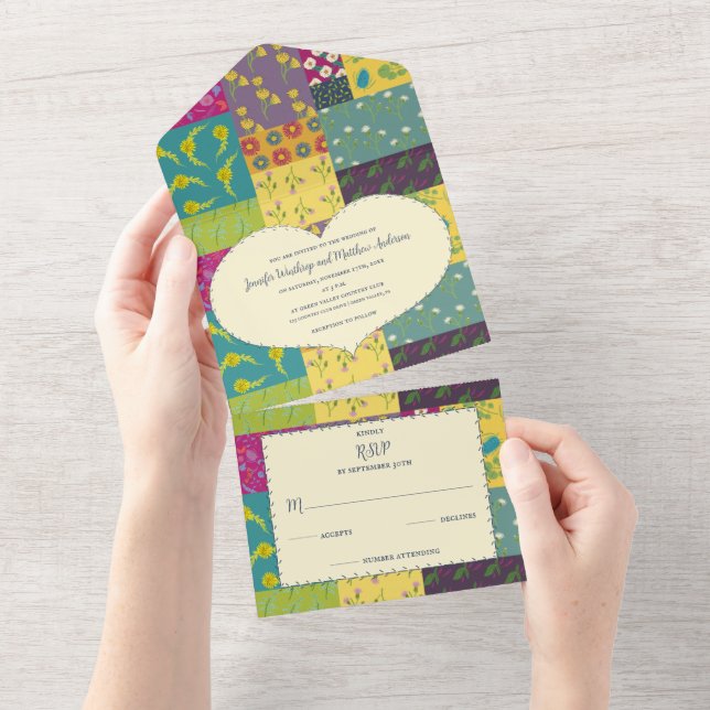 Invitación Todo En Uno Boho Patchwork Quilt and Heart Shape Boda (desgarro)