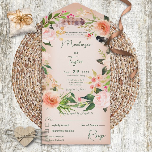 Invitación Todo En Uno Boho Peach Floral Wreath & Feathers Cena (Subido por el creador)
