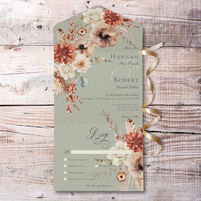 Invitación Todo En Uno Boho Peach & Rust Floral & Feather Green Dinner (Boho Peach & Rust Floral & Feather Green Dinner All In One Invitation)
