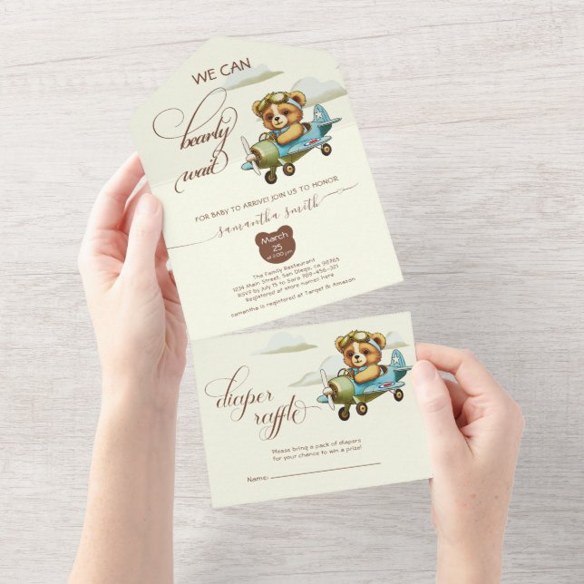 Invitación Todo En Uno Boho Pilot Teddy Bear en el avión Baby Shower (desgarro)