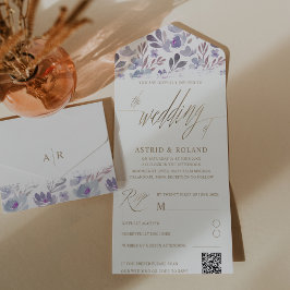 Invitación Todo En Uno Boho Purple Floral Faux Gold Script Boda