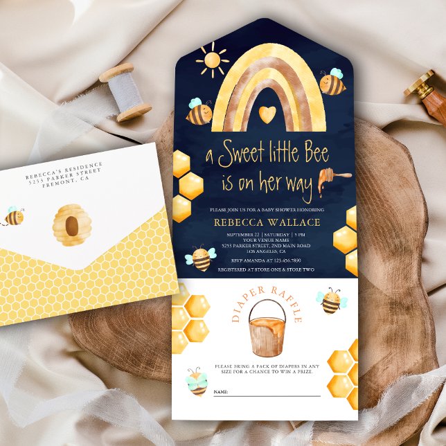 Invitación Todo En Uno Boho Rainbow Sweet Little Bee Navy Baby Shower (Subido por el creador)