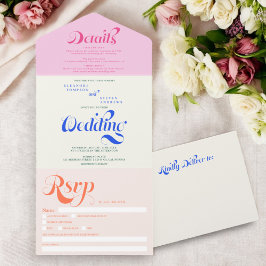 Invitación Todo En Uno Boho retro azul rosa elegante guión elegante boda