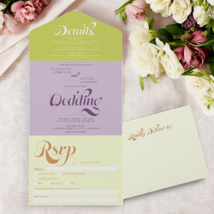 Invitación Todo En Uno Boho retro escritura púrpura verde elegante boda