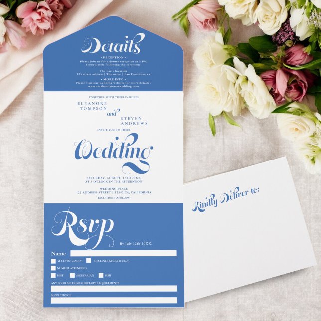 Invitación Todo En Uno Boho retro french escritura azul elegante novia (Retro boho french blue elegant script chic wedding all in one invitation)