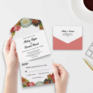Invitación Todo En Uno Boho Rojo Blanco Rosa Rojo Floral Elegante Boda