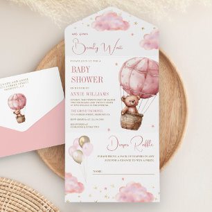 Invitación Todo En Uno Boho Rosado Balón de aire caliente Teddy Bear Baby