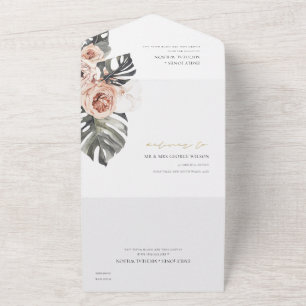 INVITACIÓN TODO EN UNO BOHO RUBOR PEACH FLORAL MONSTRERA LEAF BODA