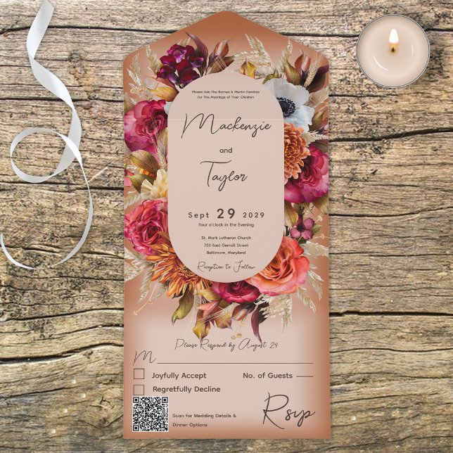 Invitación Todo En Uno Boho Rust Modern Floral Wreath Código QR (Subido por el creador)