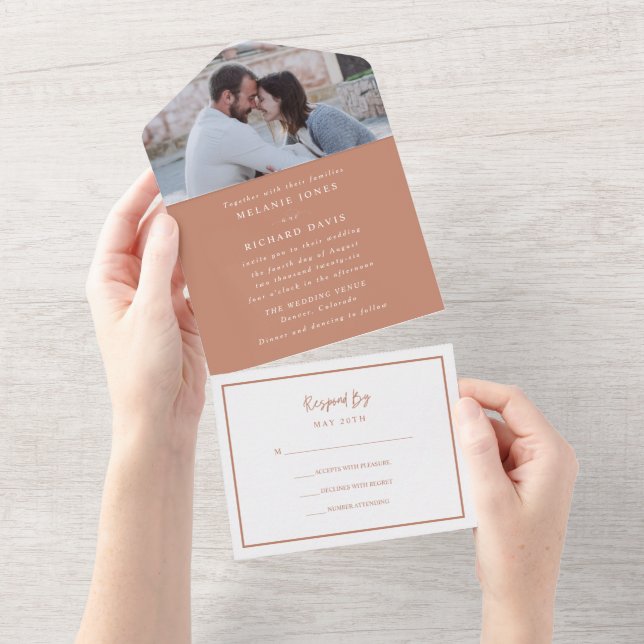 Invitación Todo En Uno Boho Rust Modern Photo Boda (desgarro)