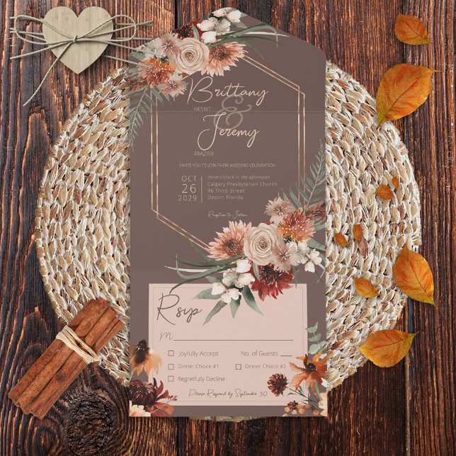 Invitación Todo En Uno Boho Rust & Neutral Fall Floral Brown Dinner (Subido por el creador)