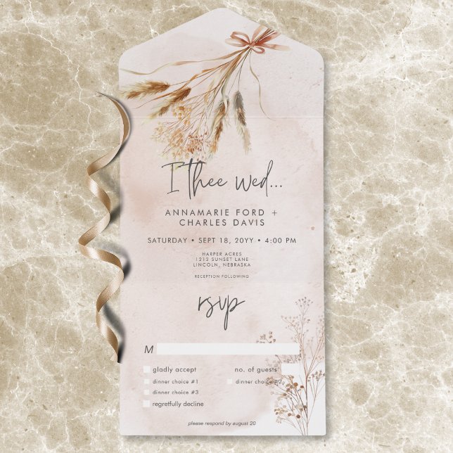 Invitación Todo En Uno Boho Rustic Pampas y Dried Grass Bouquet Cena (Boho Rustic Pampas & Dried Grass Bouquet Dinner All In One Invitation)