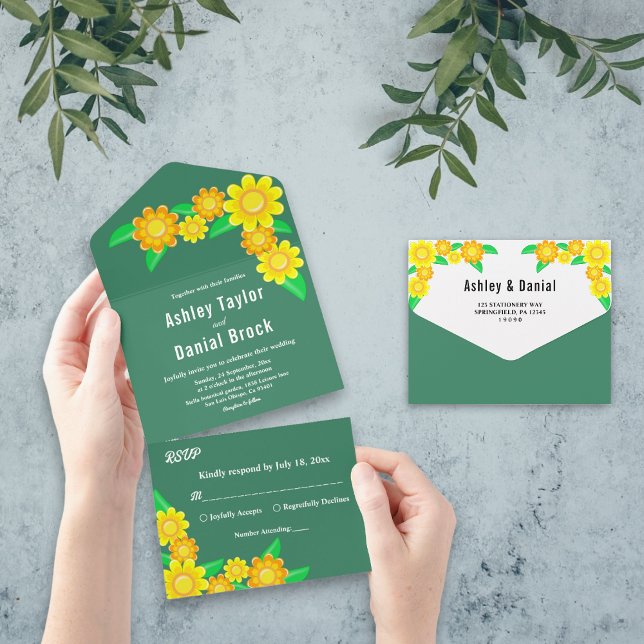 Invitación Todo En Uno Boho Rústico Sunflower Green Spring Boda floral (Subido por el creador)