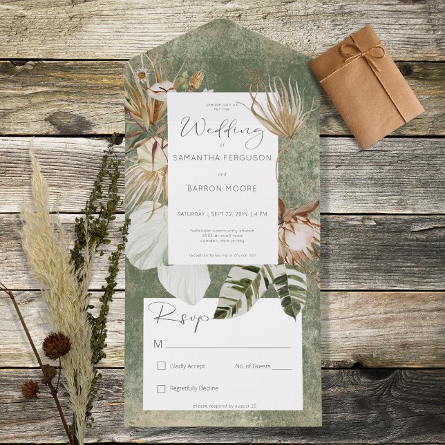 Invitación Todo En Uno Boho Sage Green Floral Grass No Dinner (Subido por el creador)