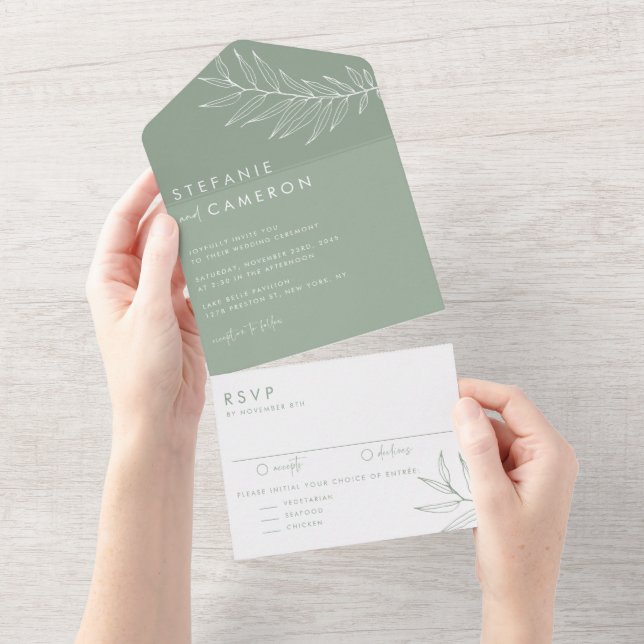 Invitación Todo En Uno Boho Sage Green Foliage Boda (desgarro)