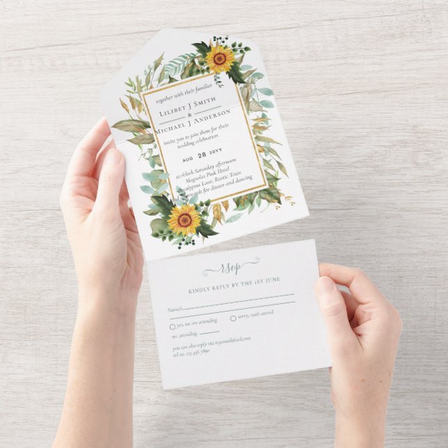 Invitación Todo En Uno Boho Sunflower Sage Greenery Boda (desgarro)