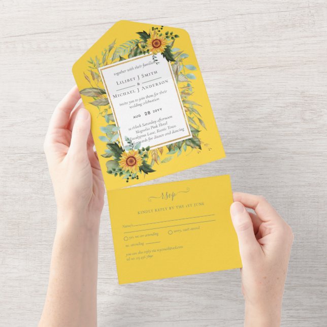 Invitación Todo En Uno Boho Sunflower Sage Greenery Boda (desgarro)