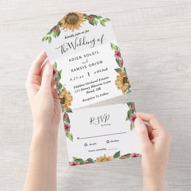 Invitación Todo En Uno Boho Sunflower Simple RSVP Boda (desgarro)