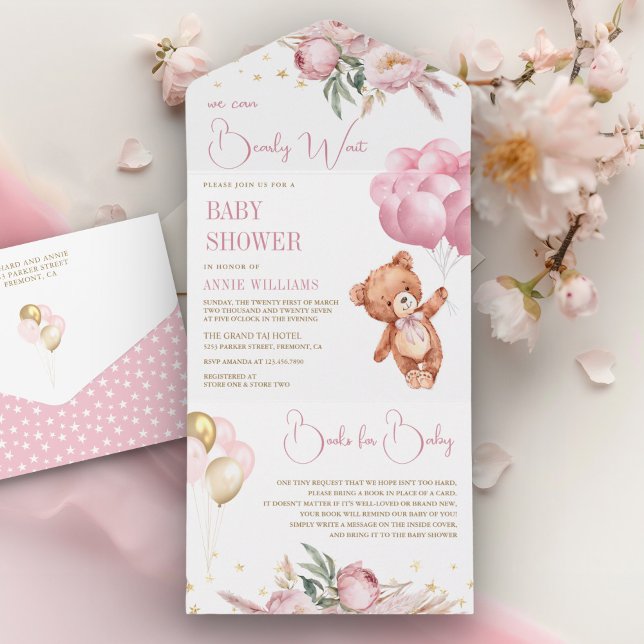 Invitación Todo En Uno Boho Teddy Bear Globos rosas Floral Baby Shower (Subido por el creador)
