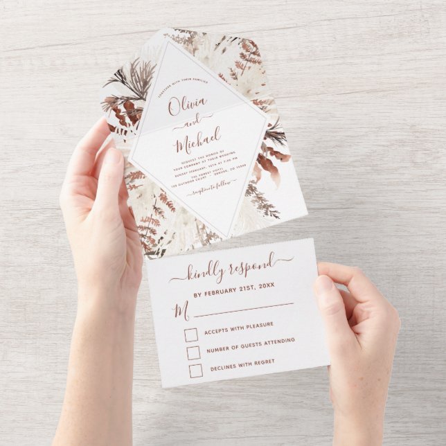 Invitación Todo En Uno Boho Terracotta Pampas Grass Beige Boda (desgarro)