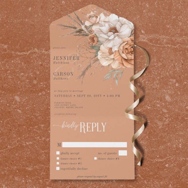Invitación Todo En Uno Boho Terracotta Peach & Cream Floral Cena (Boho Terracotta Peach & Cream Floral Dinner All In One Invitation)