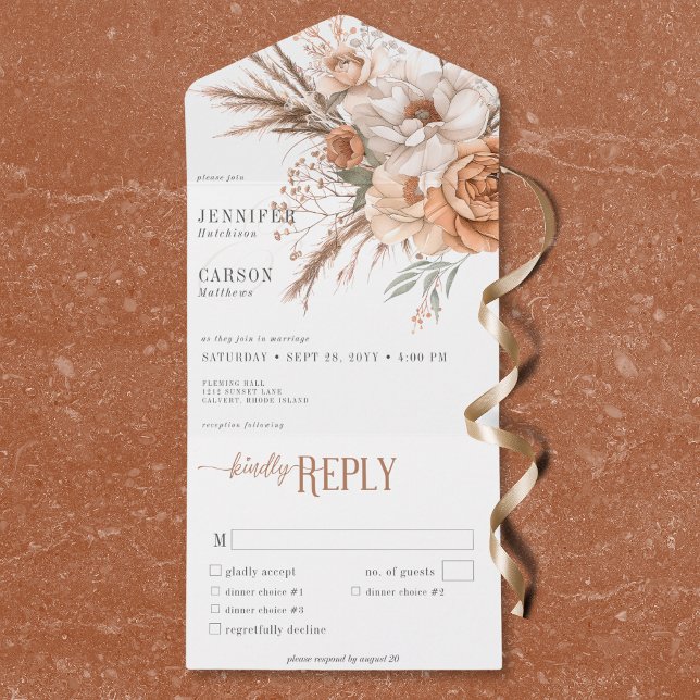 Invitación Todo En Uno Boho Terracotta Peach & Cream Floral White Dinner (Boho Terracotta Peach & Cream Floral White Dinner All In One Invitation)