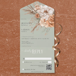Invitación Todo En Uno Boho Terracotta Peach y Cream Floral Green QR Code