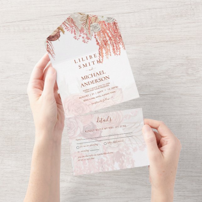Invitación Todo En Uno Boho Terracotta Rosa Pampas Boda de Grass Floral (desgarro)