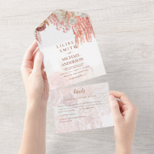 Invitación Todo En Uno Boho Terracotta Rosa Pampas Boda de Grass Floral