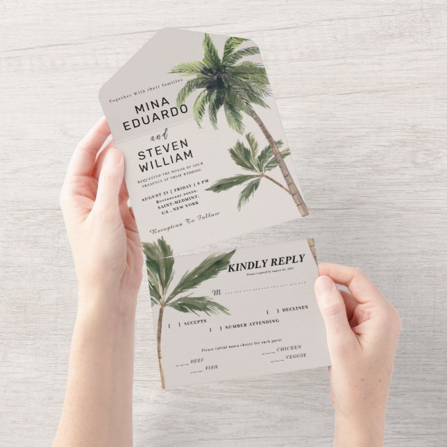 Invitación Todo En Uno boho tropical acuarela palmera boda (desgarro)