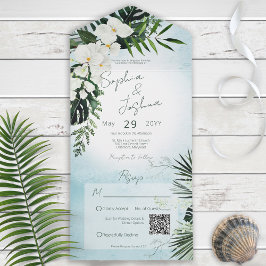 Invitación Todo En Uno Boho Tropical Green Modern Aqua QR Code